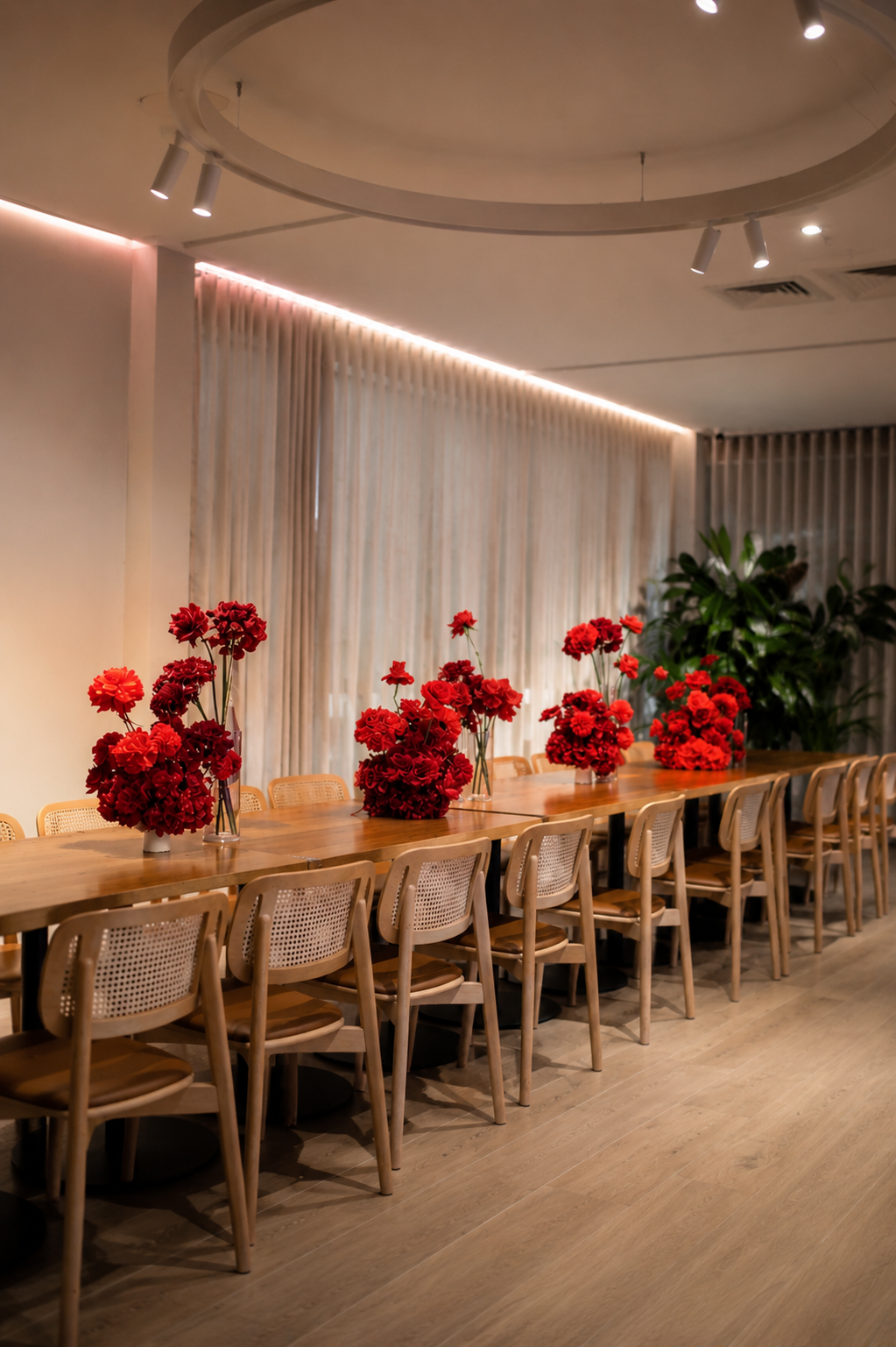 A long wooden table decorated with multiple red floral arrangements in vases, surrounded by wooden chairs, in a well-lit indoor space with beige curtains and a large green plant in the background.