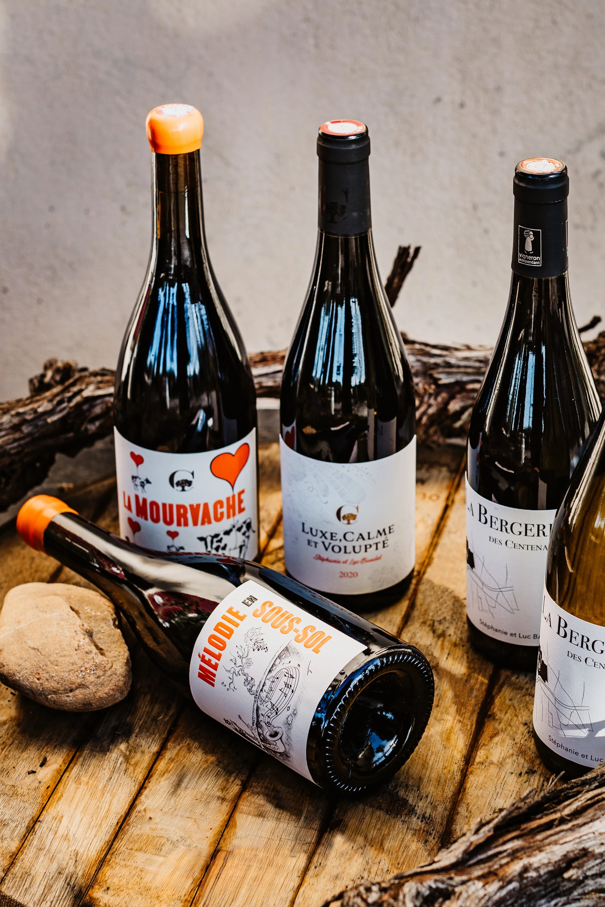 Trois bouteilles de vin avec étiquettes distinctes, posées sur une table en bois, accompagnées de cailloux et de branches