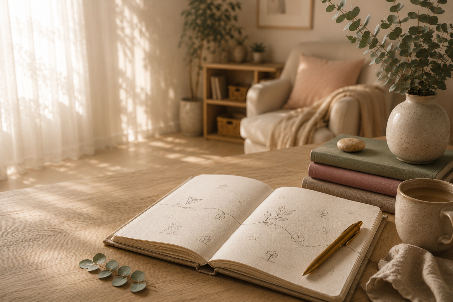 Open sketchbook with doodles on a wooden table, surrounded by a pen, eucalyptus leaves, a stack of books, a ceramic vase with flowers, a mug, and a cozy living room with a couch, throw blanket, and bookshelf in the background.