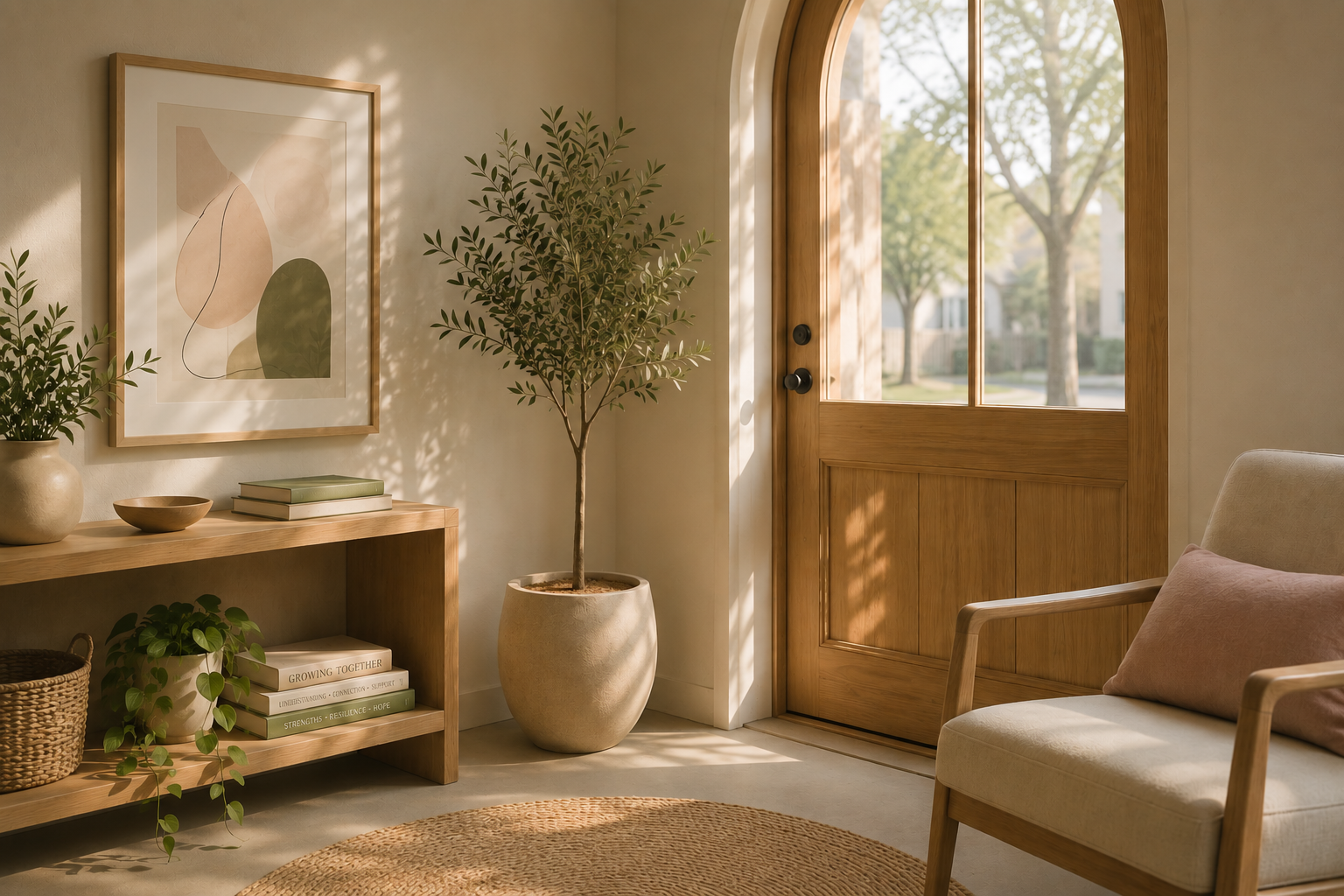 Sunlit cozy living room entrance with a wooden door, potted tree, bookshelf with books, framed abstract art, and a beige armchair with a cushion.