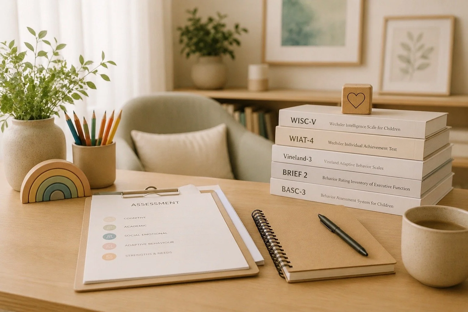 A well-organized workspace with assessment books, a notepad, a pen, a coffee mug, potted plants, colored pencils in a holder, and a rainbow decoration on a wooden desk.