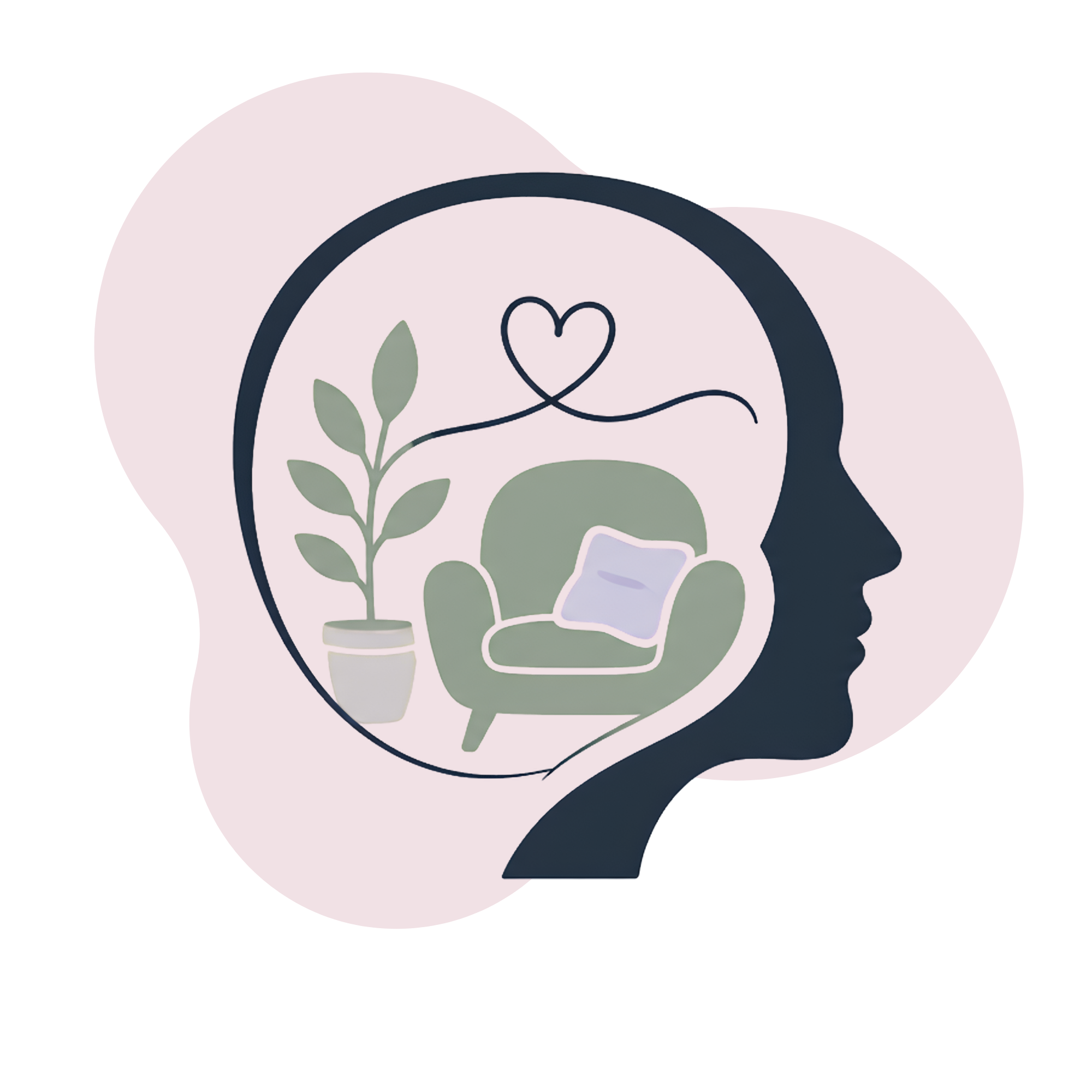 A side profile illustration of a human head with a dark outline, showing the brain area filled with various objects including a plant, a flask, and a cloud, connected by a line forming a heart shape.