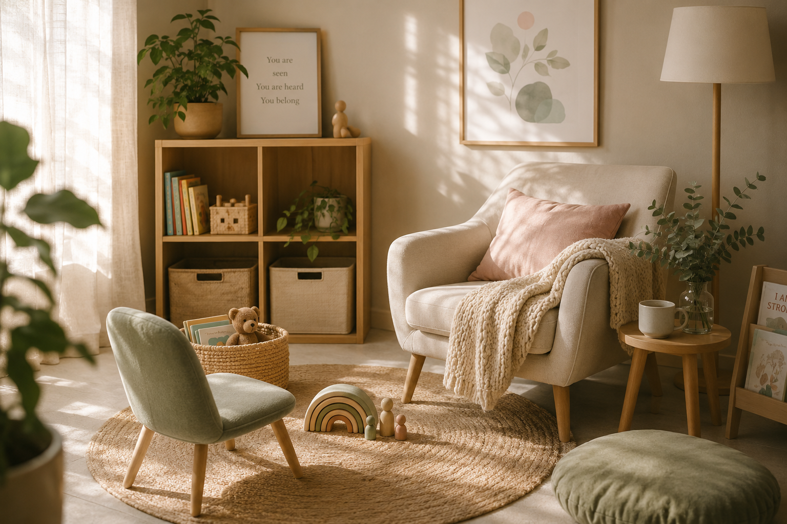 Cozy and softly lit living room with a beige armchair, pink pillow, cream throw blanket, small wooden side table with mug and potted plant, beige bookshelf with toys, books, framed quotes, and decorative art on wall, green plants, and baby's toys on rug.