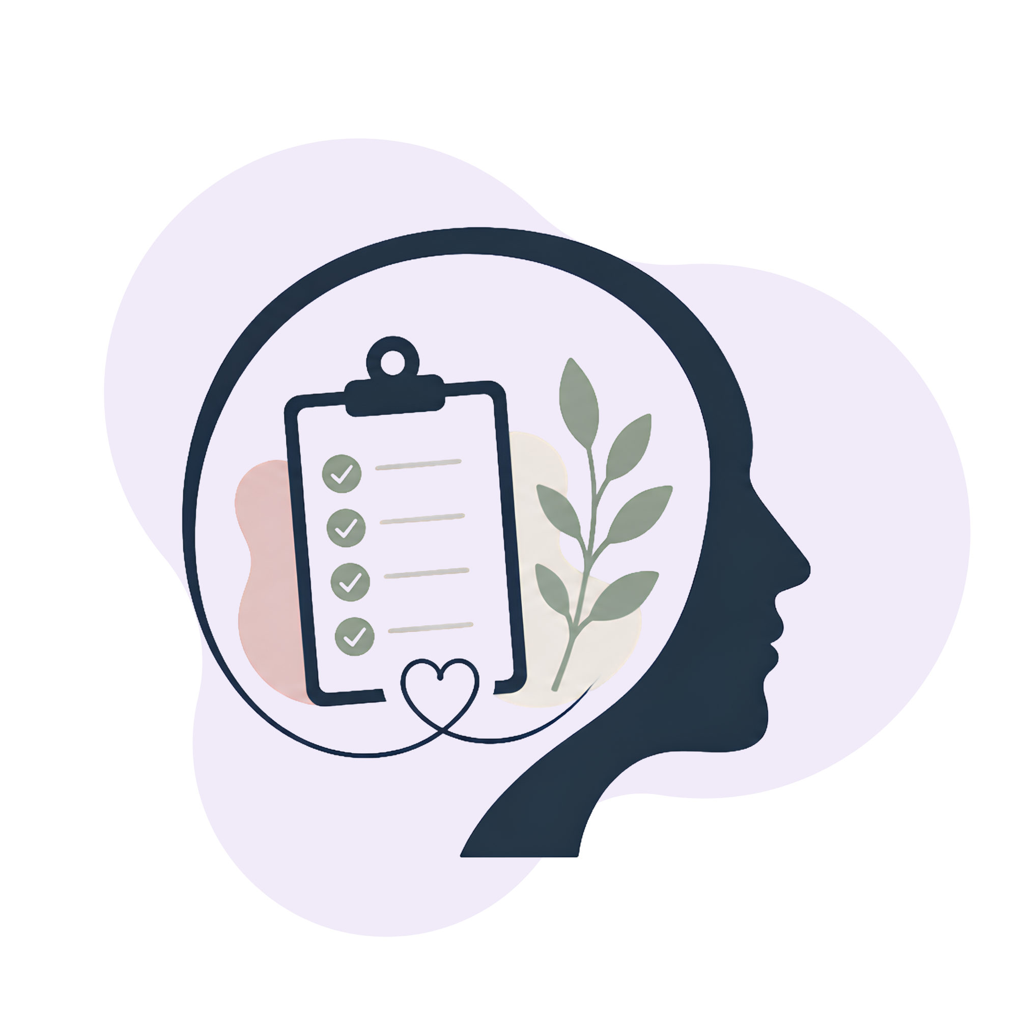 Illustration of a profile of a human head with icons of a clip board with check marks, a leaf, and a heart connected to it, representing health, environment, and wellness.