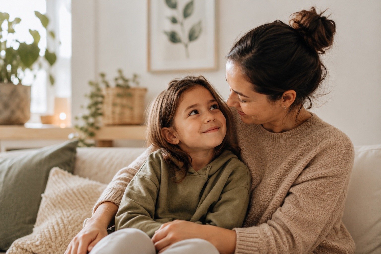 A woman and a young girl are sitting close together on a couch, looking at each other affectionately in a cozy living room.