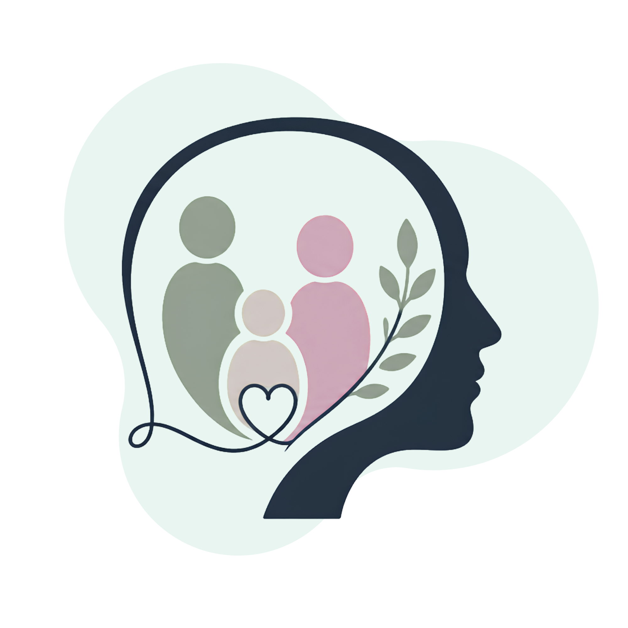 Silhouette of a person's head with the inside depicting a light bulb, human figures, a leaf, and abstract shapes representing thoughts and ideas.