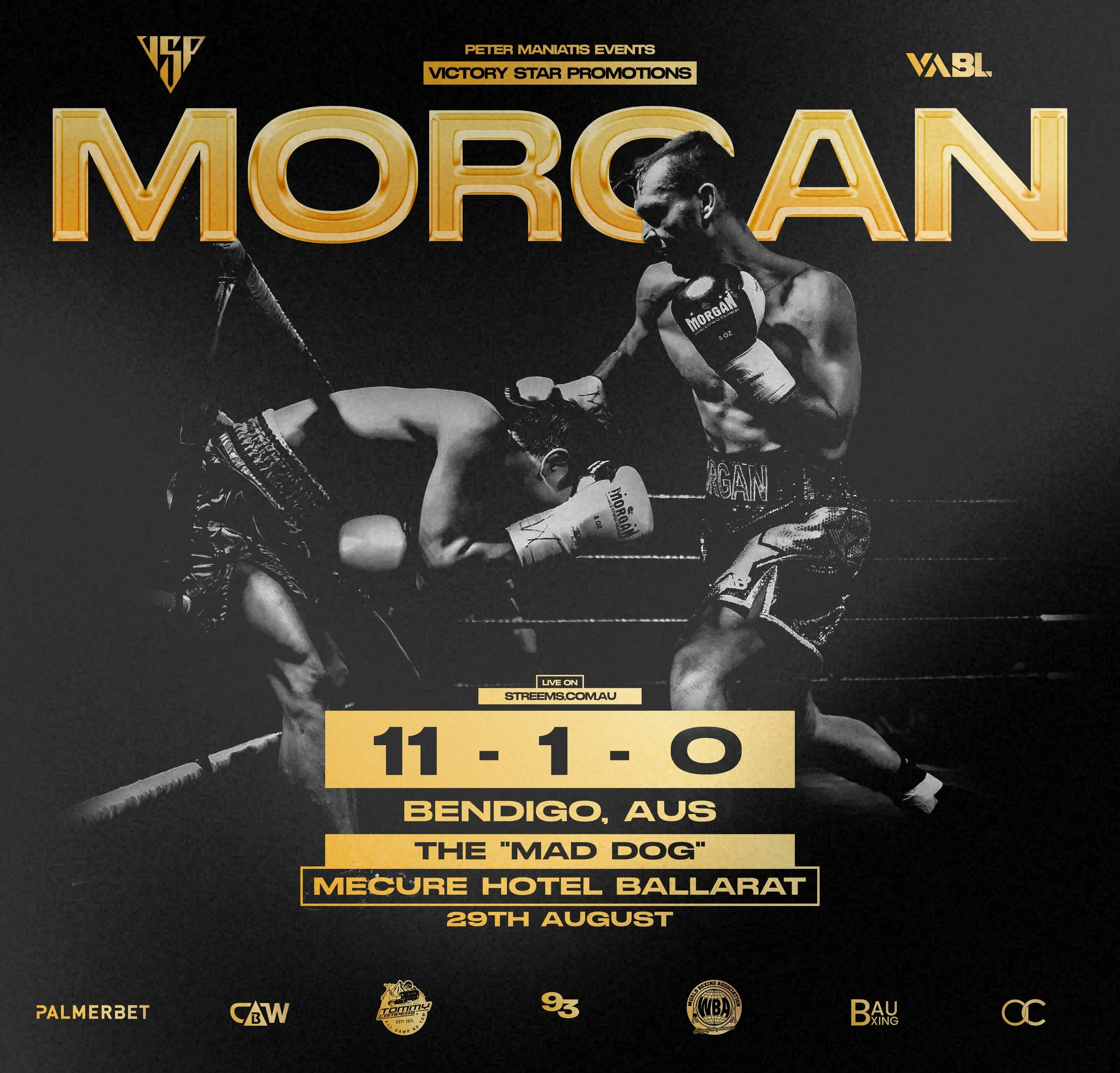 The poster advertises a boxing event featuring a boxer in black gloves and shorts. The event is scheduled for August 29th in Bendigo, Australia, and includes various sponsors and logos.