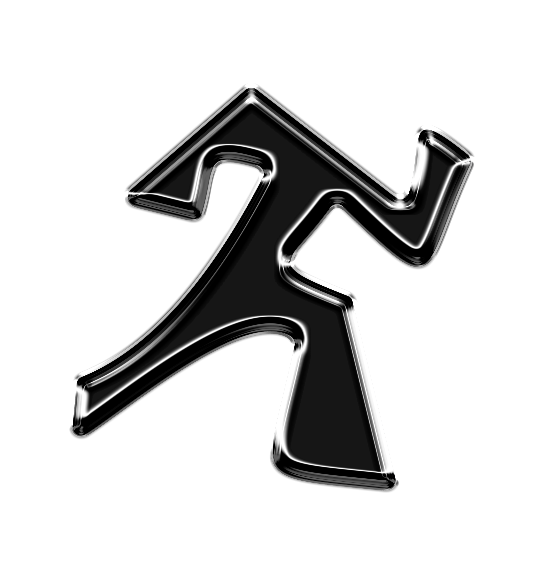 A metallic, shiny symbol resembling a backward 'L' or a stylized logo on a plain white background.