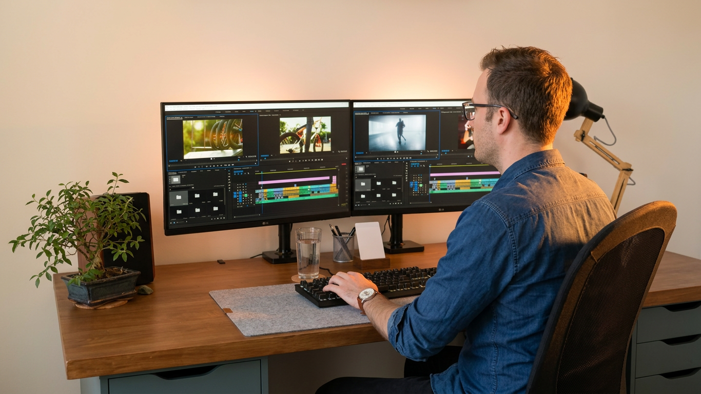 Monteur vidéo freelance devant Premiere Pro