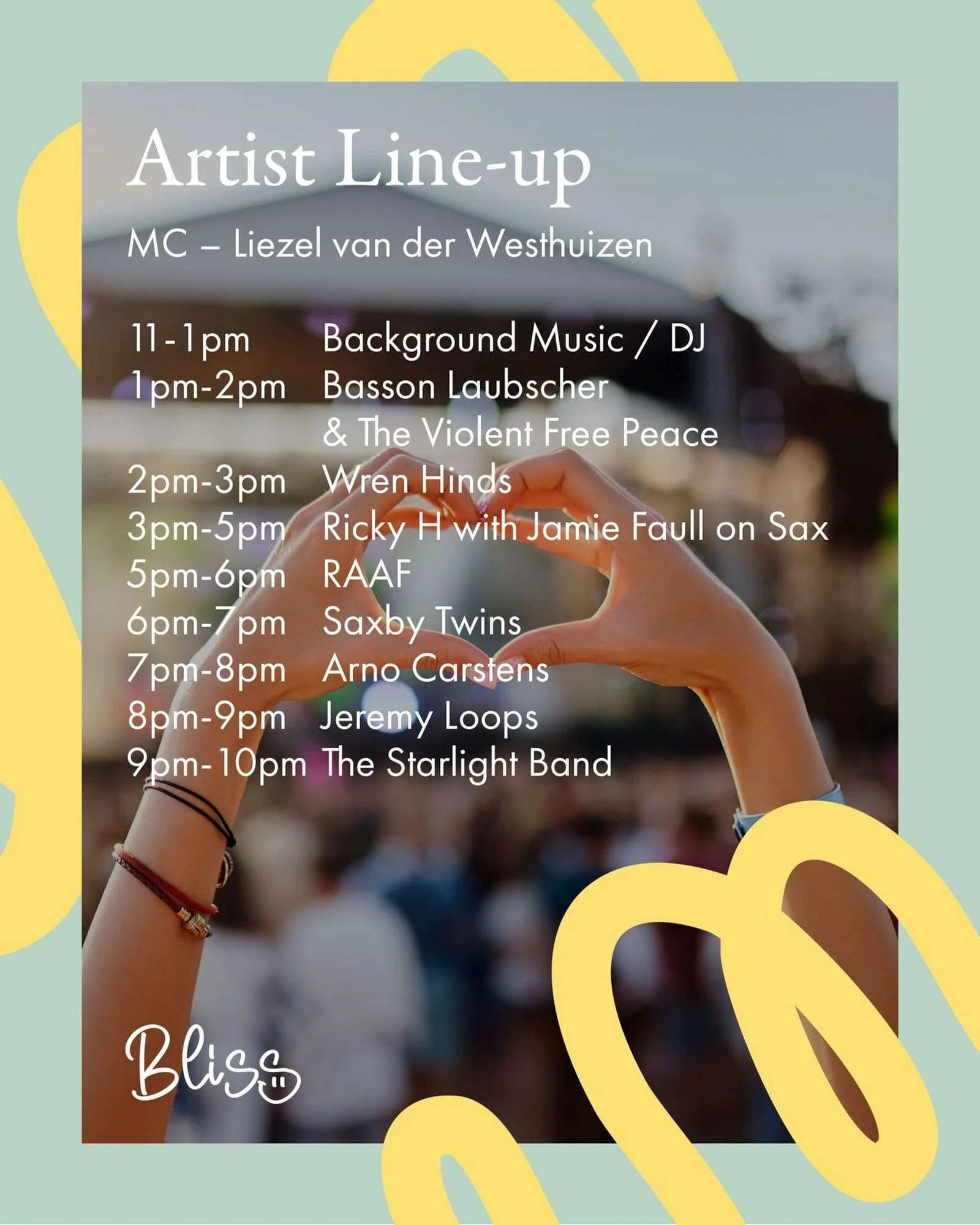 Save the lineup, share it with a friend and get your dancing shoes ready! 💫🕺🏻

Book your tickets on Howler and come dance with us at Bliss Family Festival!

👉 31 October 2026
👉 La Paris Estate, Franschhoek