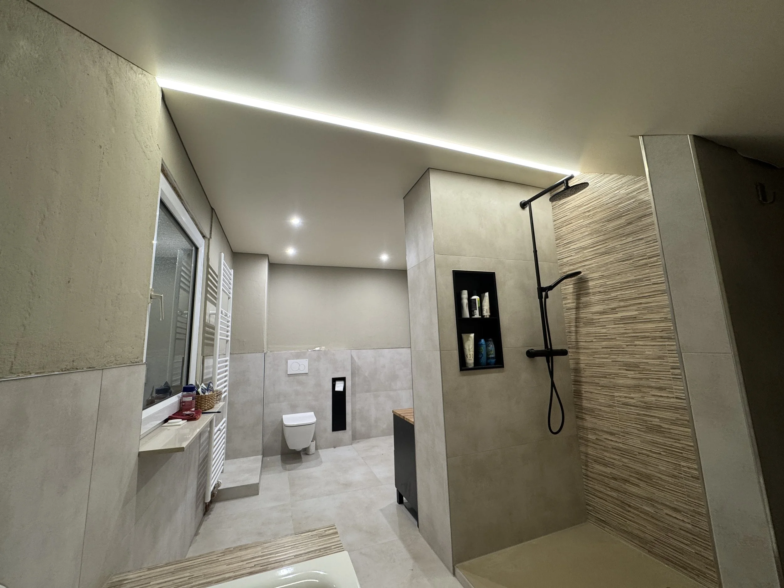 Modernes Badezimmer mit Dusche, WC, dunkelgrauer Akzentwand und beige Fliesen.