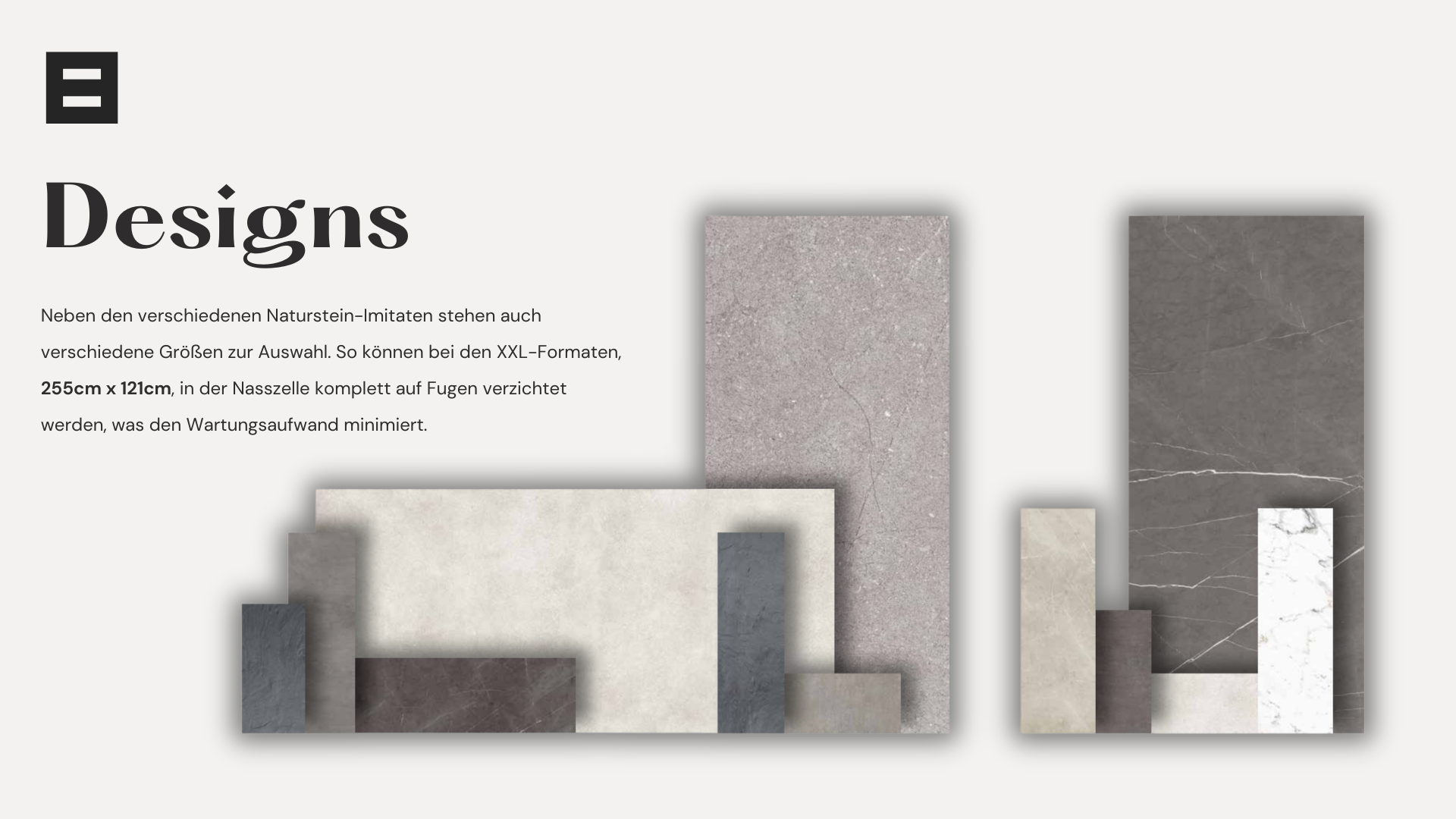 Webseite über Bodenfliesen mit verschiedenen Naturstein-Imitaten in unterschiedlichen Größen und Farben, Text in Deutsch, logo oben links, Produktmuster im Mittelpunkt.