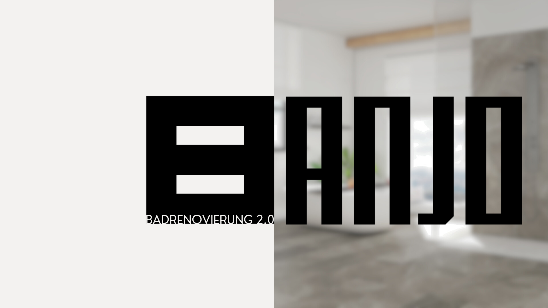 Text über einem modernen Badezimmer im Hintergrund, mit Fokus auf das große, schwarze Schriftzug 'BADE' und dem kleineren Text 'BADRENOVIERUNG 2.0' im Vordergrund.