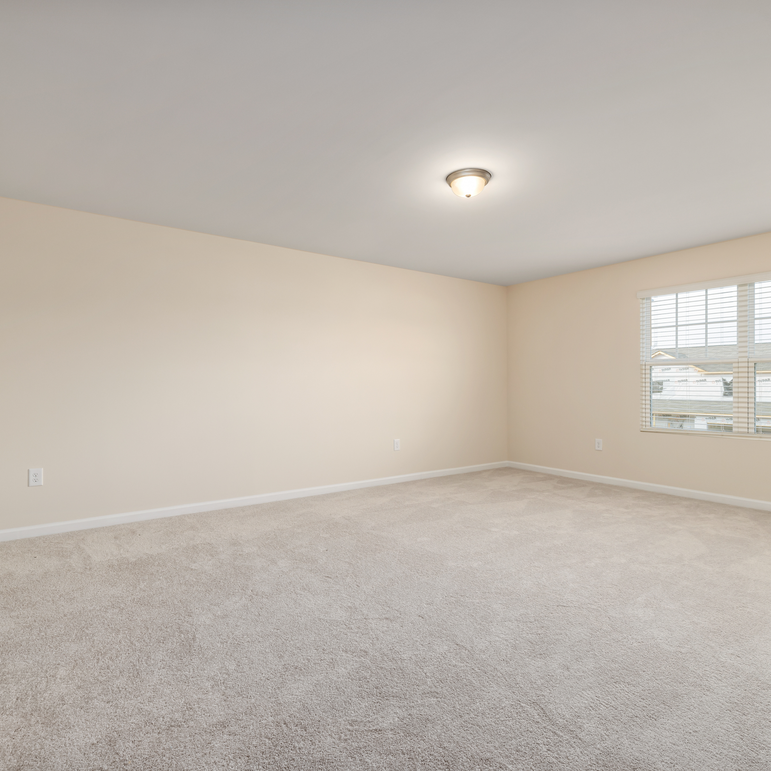Ein leeres Wohnzimmer mit beige Wänden, einem großen Fenster mit weißen Rollläden, einem weißen Deckenlicht und einem beigen Teppichboden.