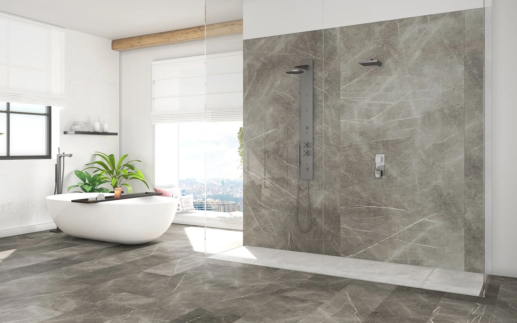 Moderne Badezimmer mit freistehender Badewanne, grüner Pflanze und Duschbereich mit brauner Marmorwand