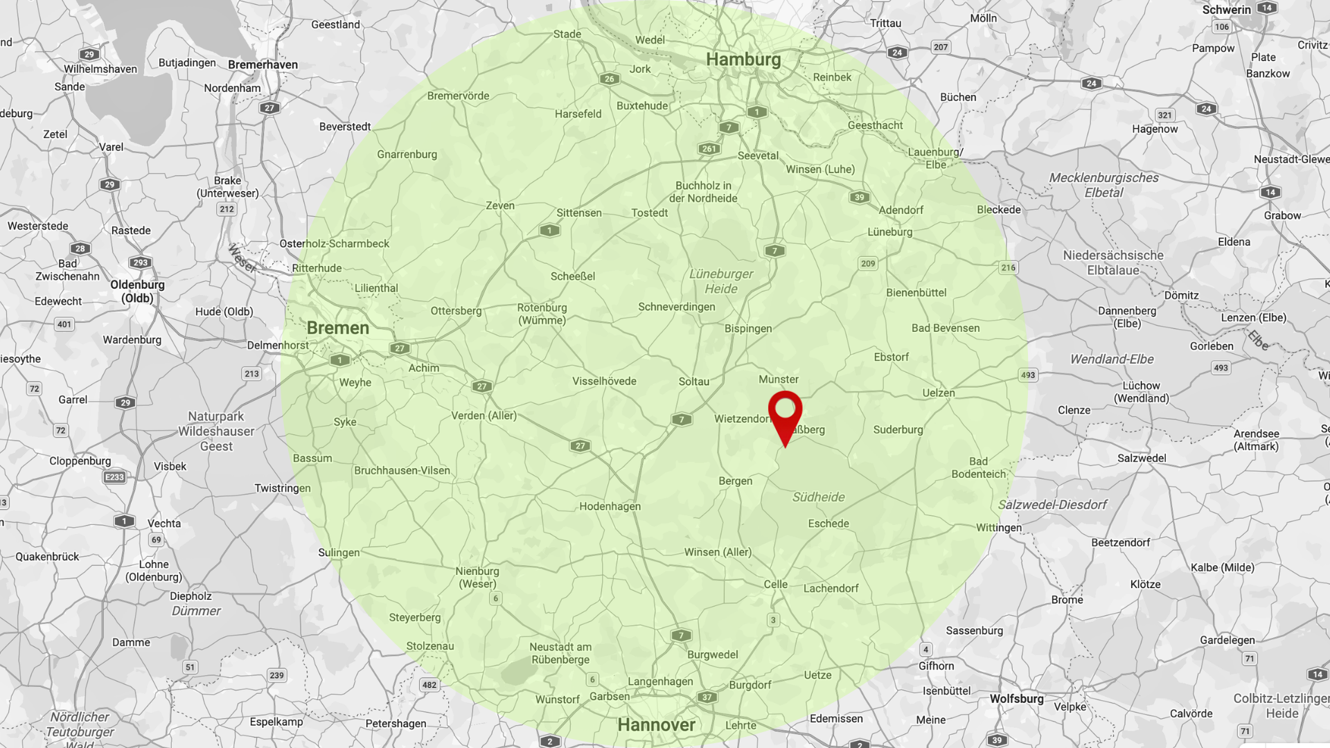 Karte mit einem grünen Kreis, der den Bereich um Hamburg, Bremen und Hannover in Deutschland zeigt. Ein roter Marker zeigt eine Standortmarkierung im südlichen Niedersachsen.