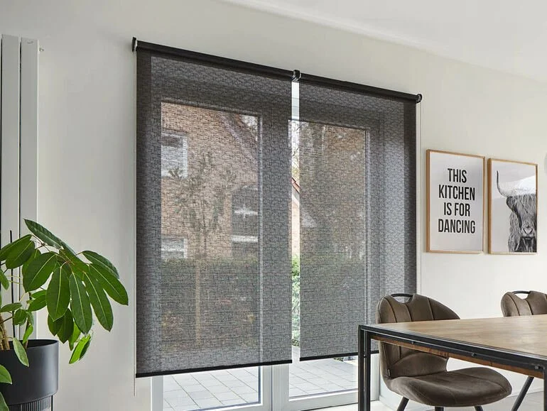 Ein Wohnzimmer mit dunklen Vorhängen vor einem großen Fenster, einem Pflanzen Topf links, einem Esszimmertisch und Stühlen, und zwei Bilder an der Wand, eines mit Text 'This kitchen is for dancing' und ein anderes mit einem Tierkopf