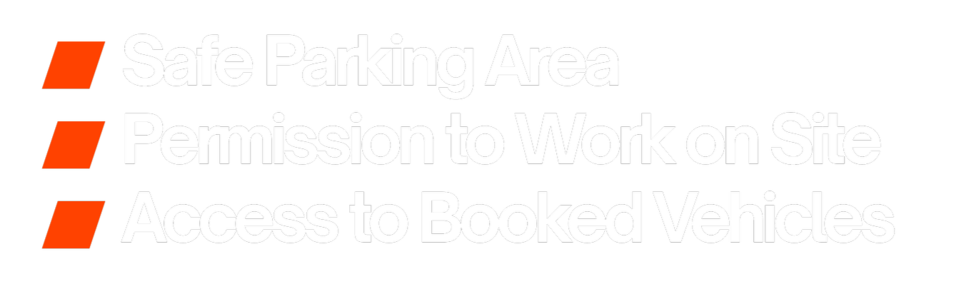 List of three safety rules with orange icons: 1. Safe Parking Area, 2. Permission to Work on Site, 3. Access to Booked Vehicles.