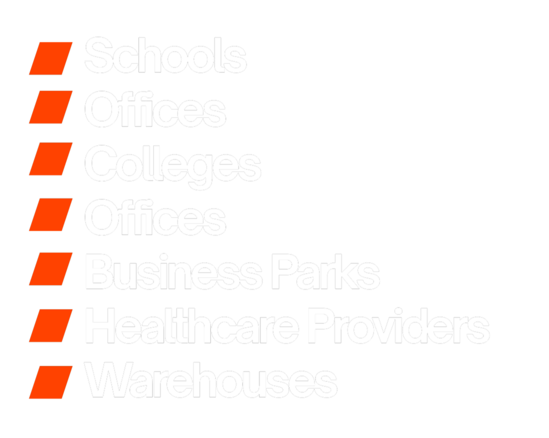 List of locations with orange slanted squares: Schools, Offices, Colleges, Offices, Business Parks, Healthcare Providers, Warehouses.