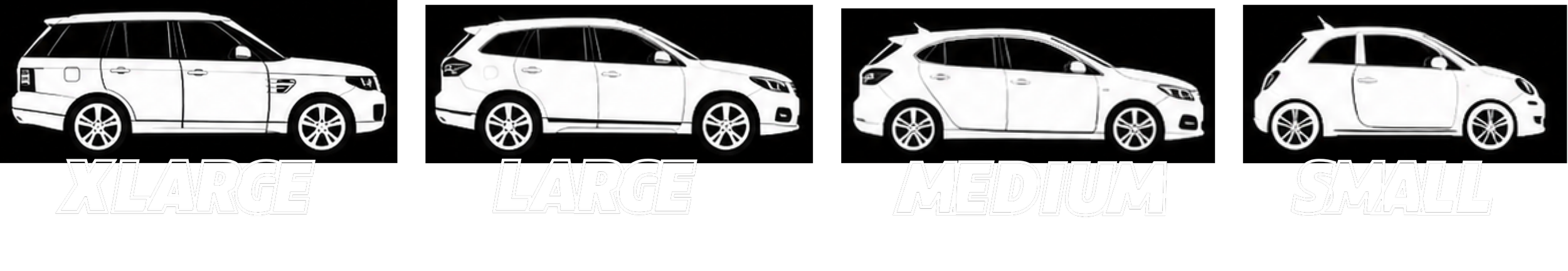 Illustration of four car sizes labeled XLARGE, LARGE, MEDIUM, and SMALL, displayed from a side view against a black background.