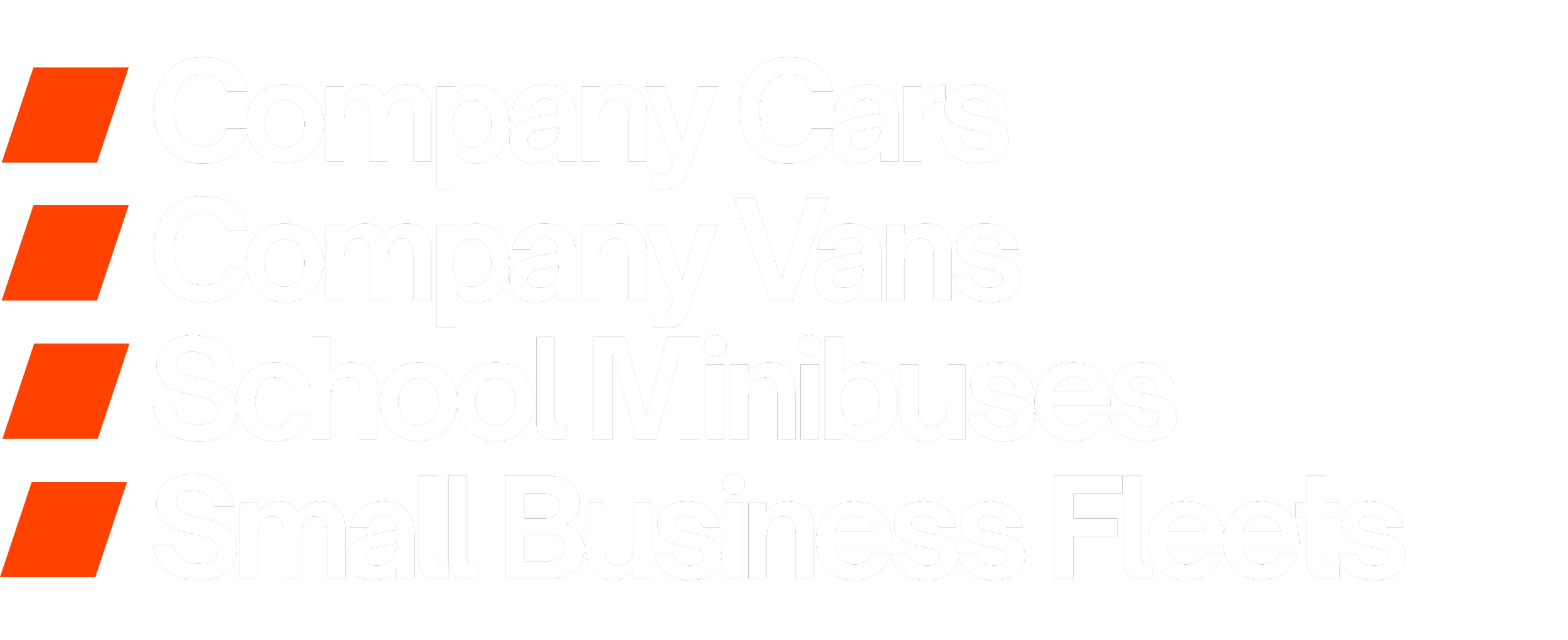 Text listing various vehicle types in bold white letters with orange slashes on a black background, including Company Cars, Company Vans, School Minibuses, Small Business Fleets.