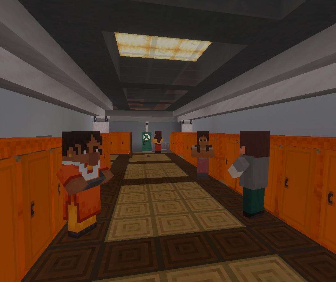 A pixelated, blocky classroom scene from Minecraft showing students standing near orange lockers along the walls, with a tiled floor and a ceiling with lights. There are four students, two on each side, and a teacher at the front near a desk and a door.