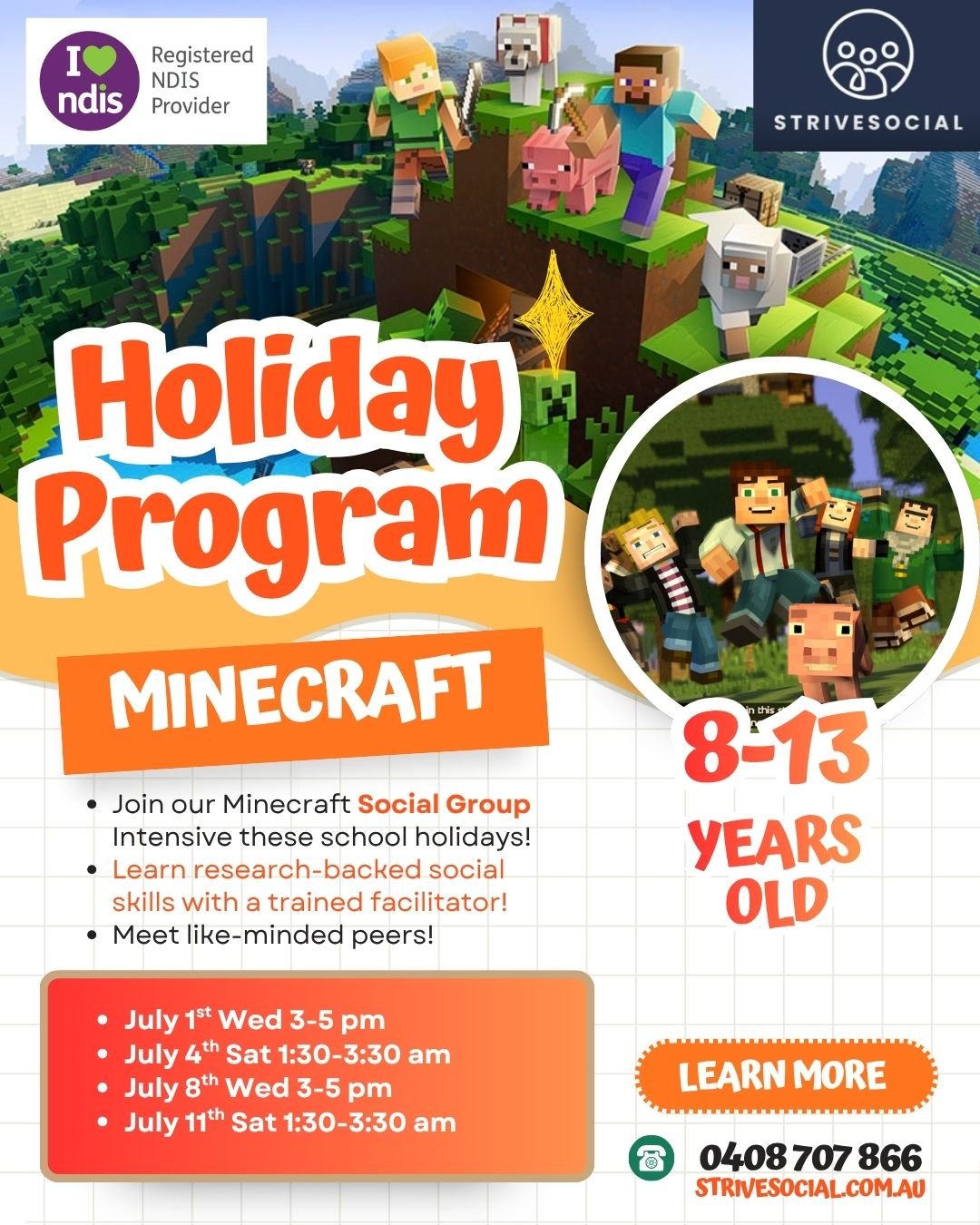 Flyer for Minecraft PEERS school holiday program