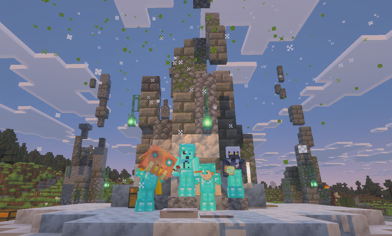 Minecraft scene with four players in diamond armor standing in front of a ruined stone structure outdoors, with green lanterns hanging, grassy hills in the background, and a sky with scattered clouds.