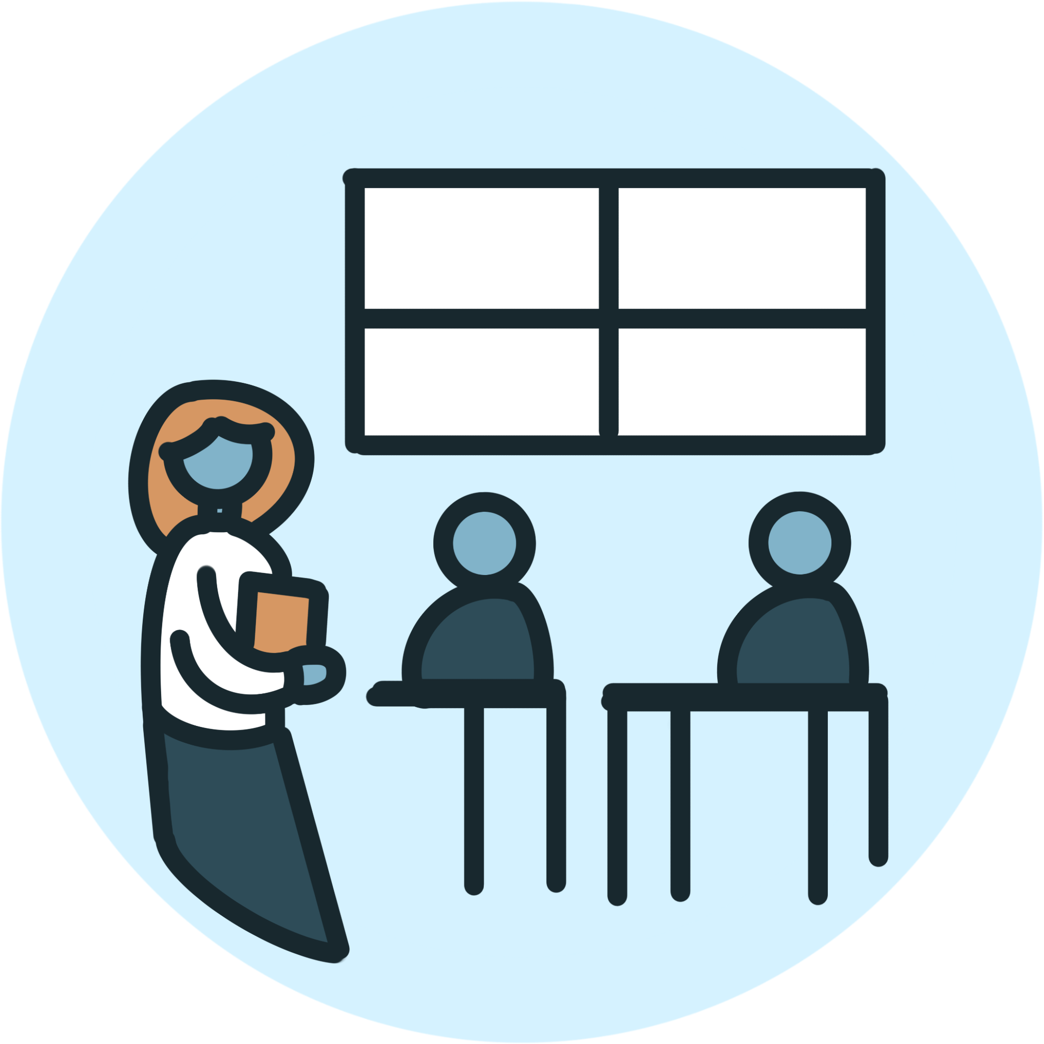 Illustration of a person with an ID badge holding a mobile phone, standing next to a table with a computer monitor, with shelves in the background.