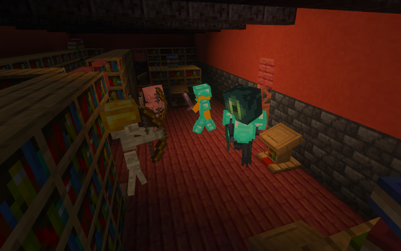 Minecraft scene of three characters fighting in a library with bookshelves, a small table, and dark brick walls.