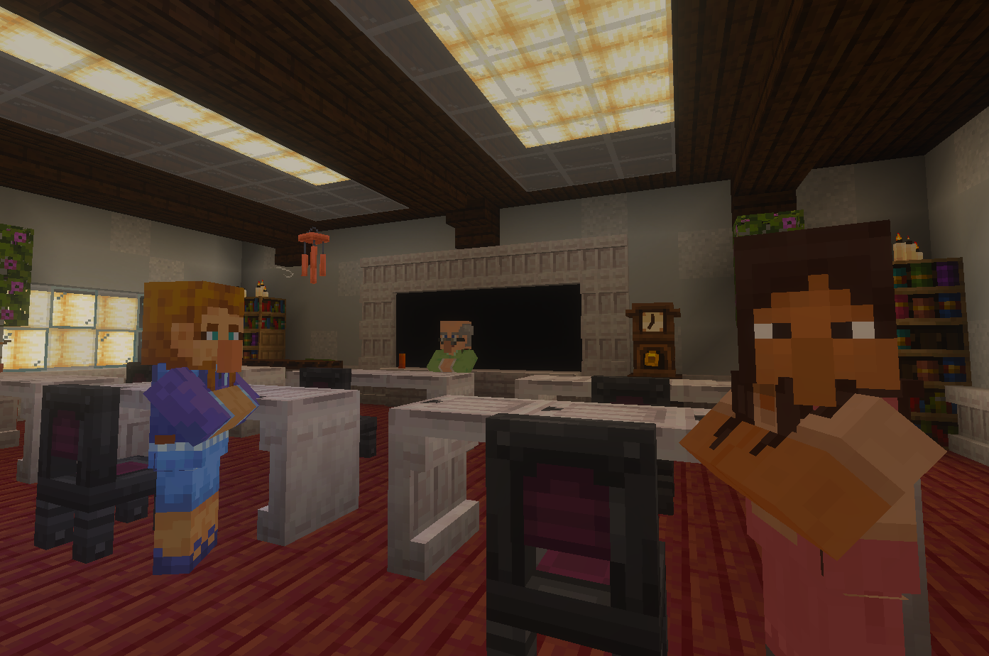 Minecraft-style digital rendering of a room with three characters, a fireplace, bookshelves, and a ceiling light fixture.