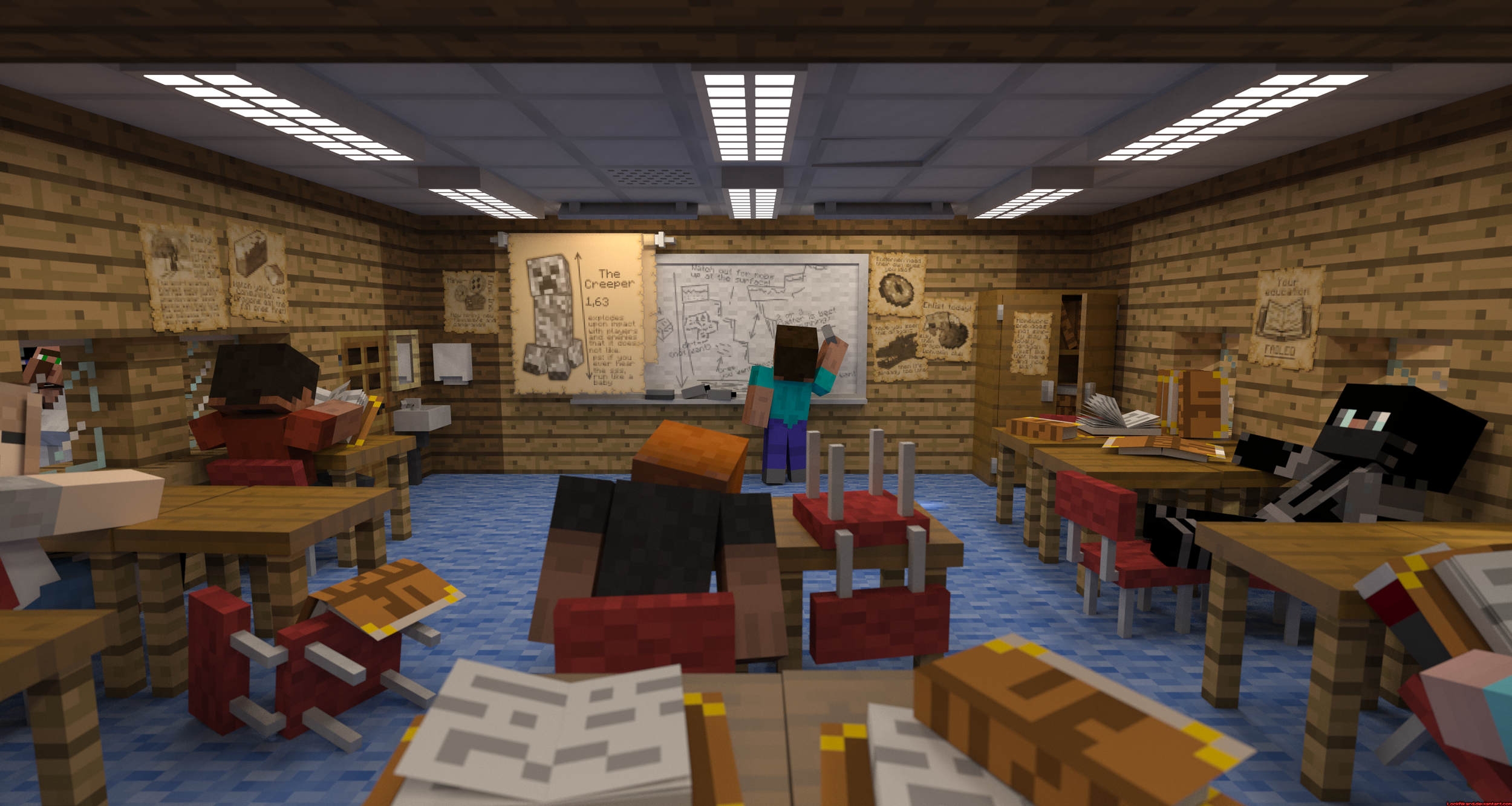 A classroom scene from Minecraft featuring students and a teacher, with wooden walls, a whiteboard, and various posters on the walls.