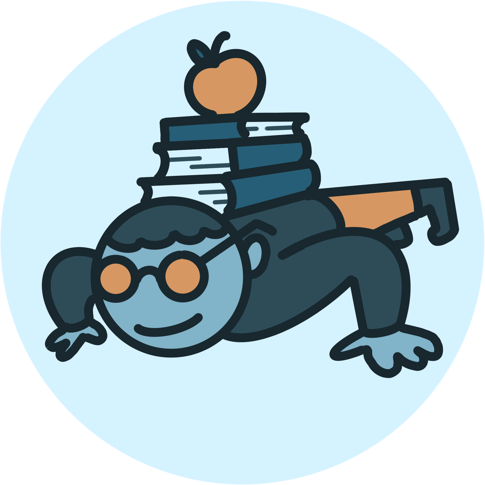 A simple illustration of a stacking of books with a small peach-colored fruit or object on top, set against a light blue circular background.