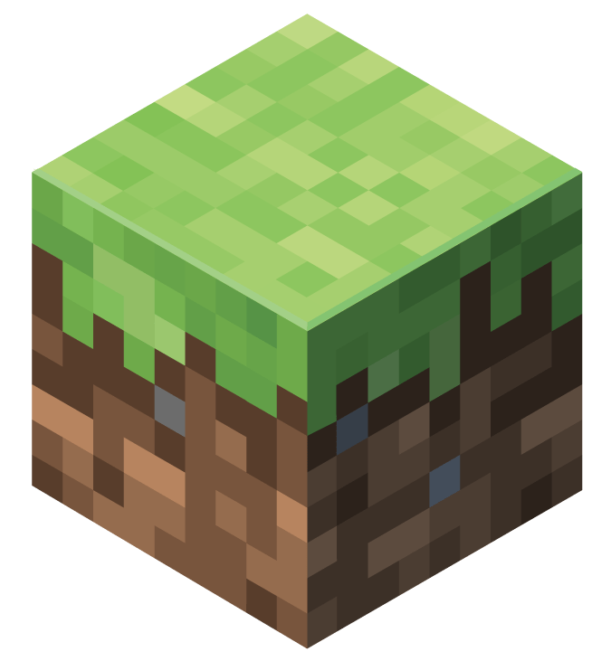 An isometric pixel art cube of grass and dirt from Minecraft.