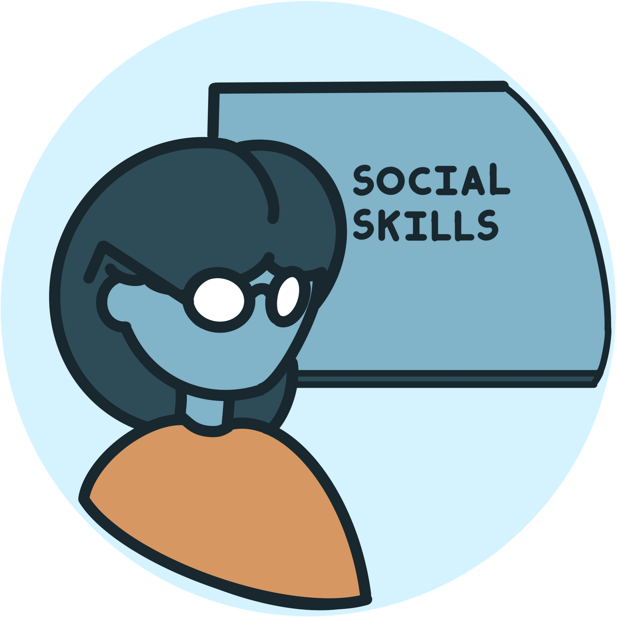 Illustration of a person with dark skin and braids, with a speech bubble containing a gear and text 'Social Skills'.