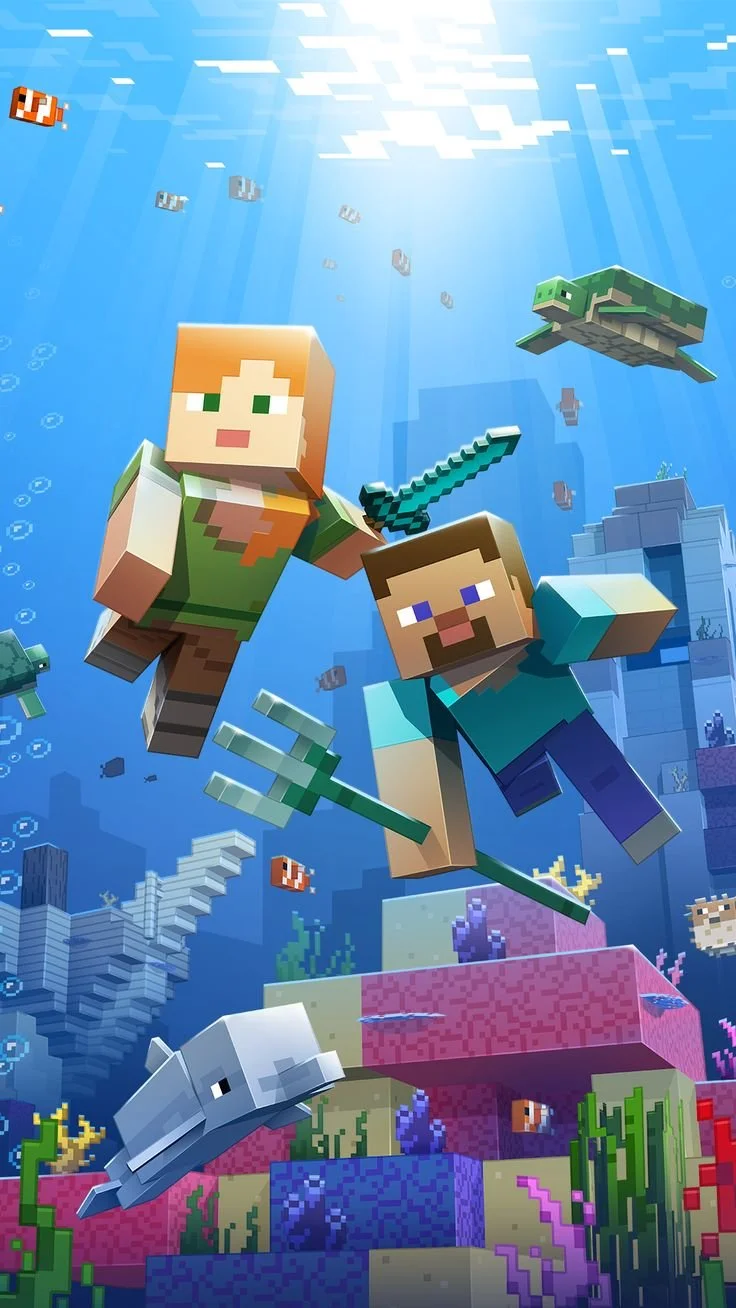 Minecraft underwater scene with Steve and Alex holding swords and tridents, surrounded by a dolphin, a turtle, fish, coral, and underwater structures.