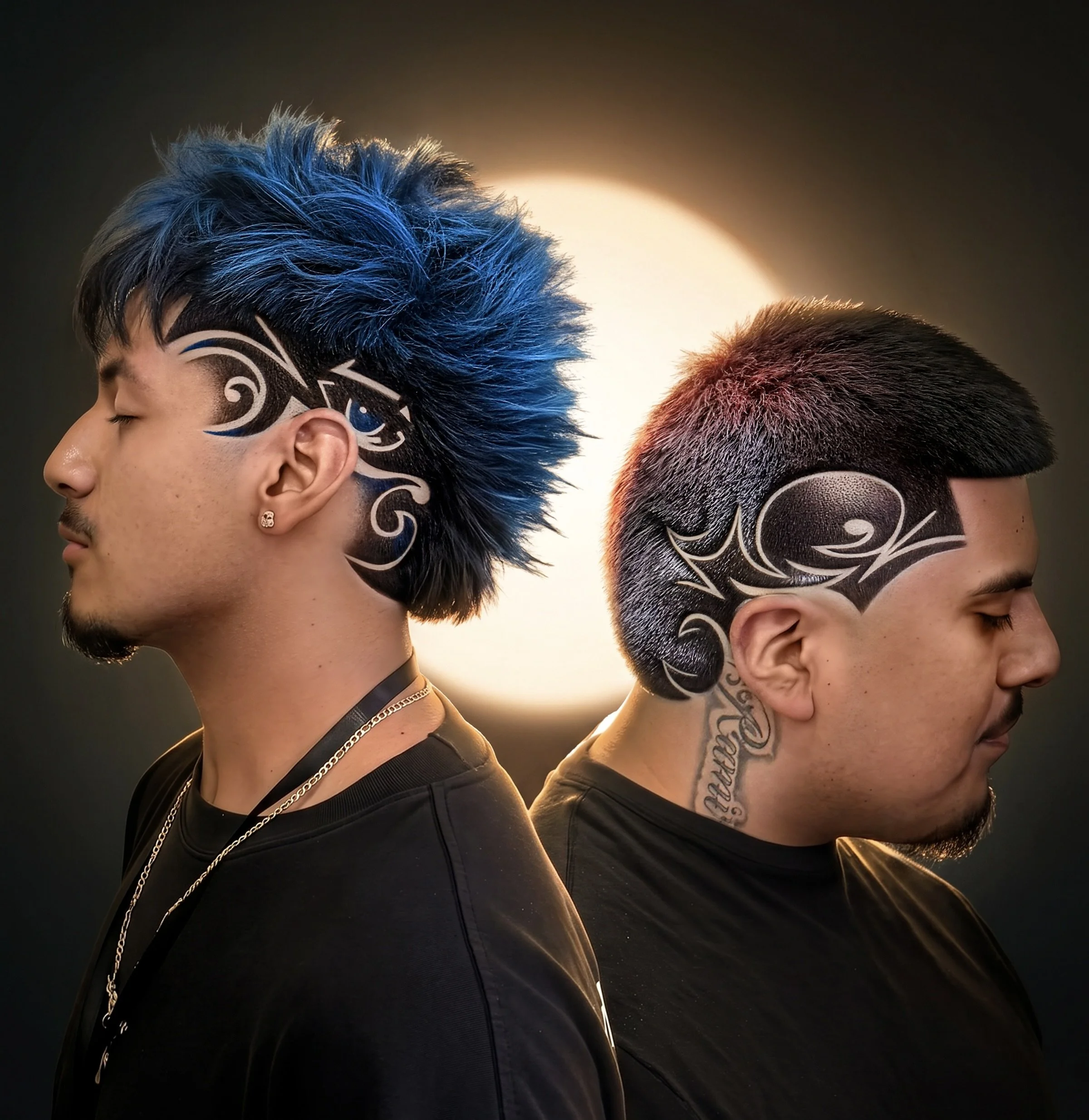 Close-up of two individuals with intricate face tattoos, one with blue hair, and the other with a shorter haircut, standing side by side with a blurred background and backlight.