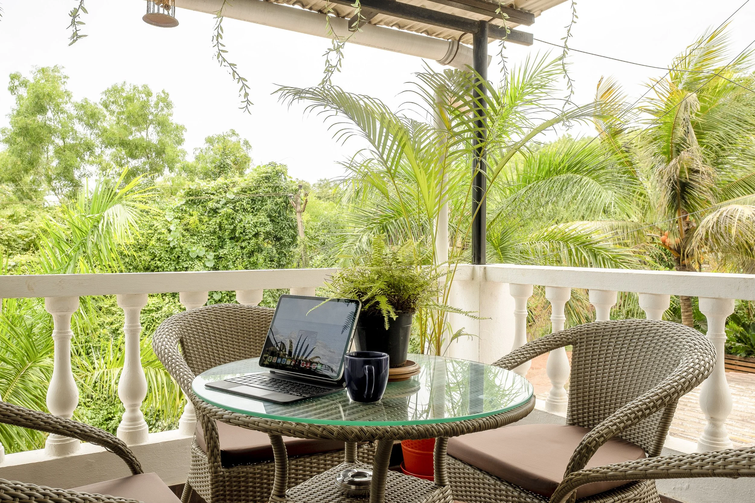 3BHK Villa In Goa With A balcony with a round glass table, wicker chairs with light pink cushions, a laptop, a black mug, a potted fern, and a black cup, overlooking lush green trees and bushes.