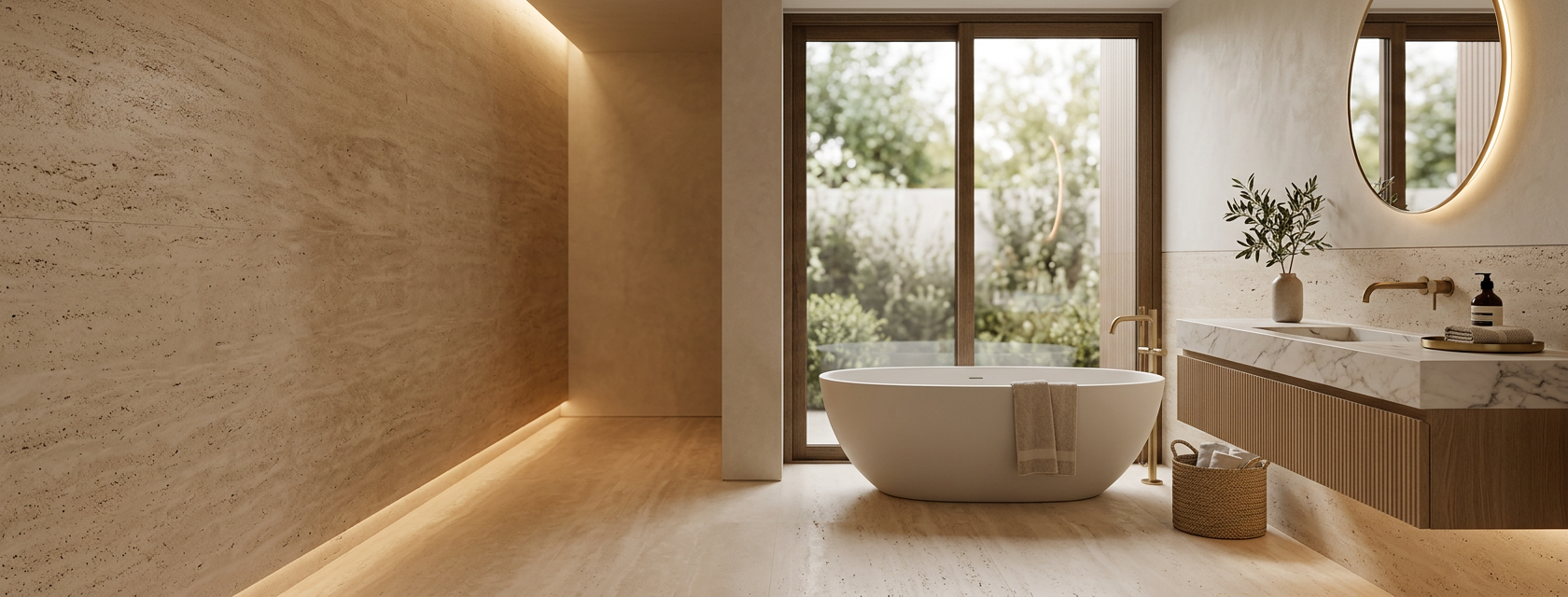 Modern bathroom featuring a freestanding bathtub, a large mirror with lighting, a marble vanity with a sink, a small potted plant, and a glass door leading to an outdoor garden.