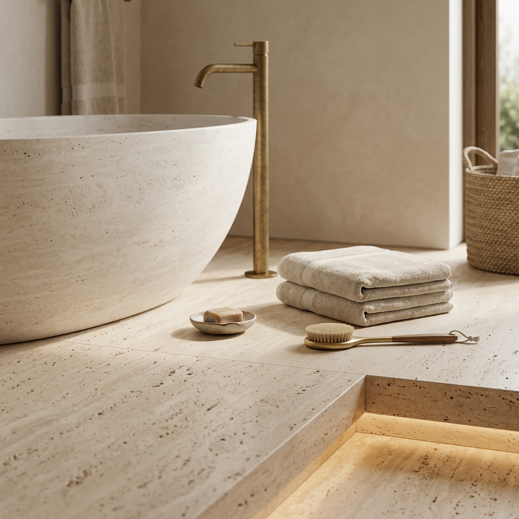 A bathroom with a large stone bathtub, a gold faucet, a stack of folded towels, a small dish with soap, a brush, and a woven basket in a bright, natural-lit room with beige walls and light-colored flooring.
