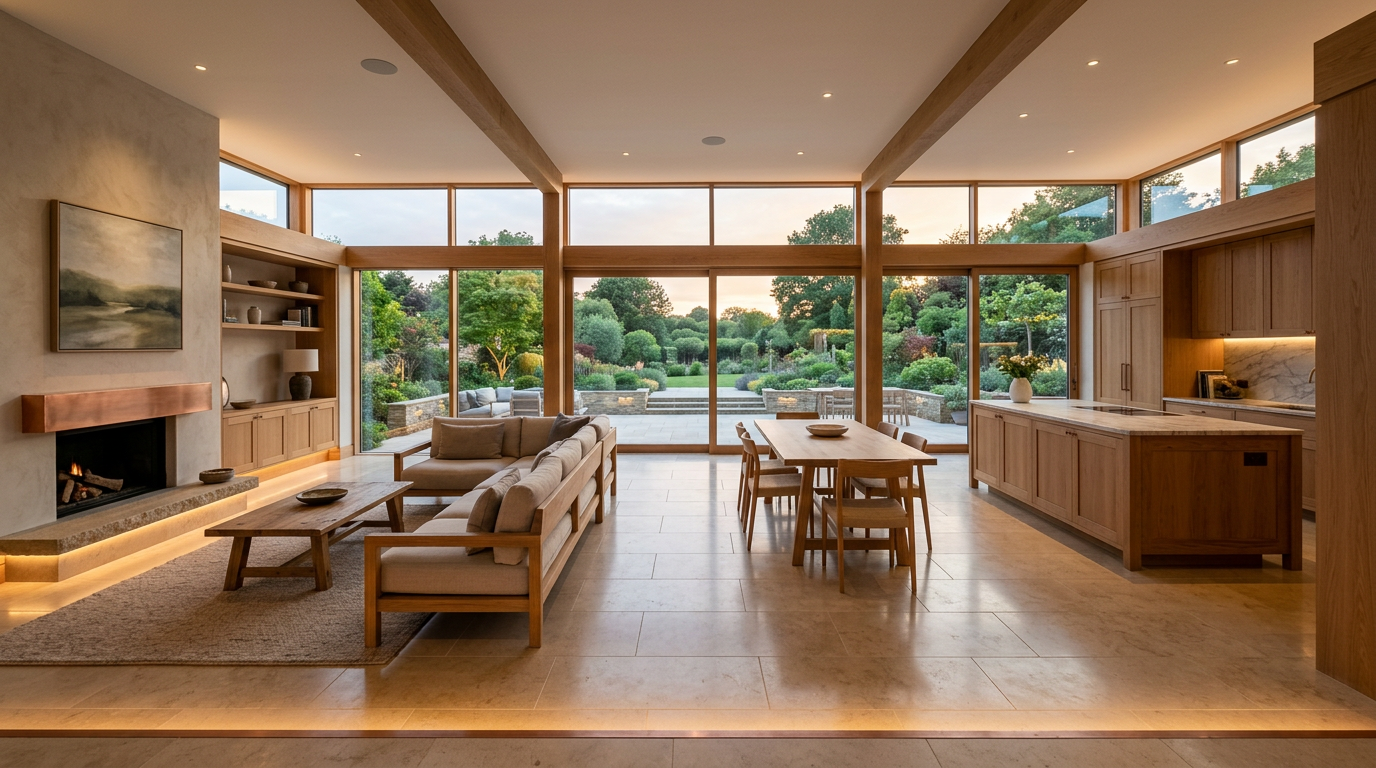 Modern living room with large floor-to-ceiling windows overlooking a lush garden, beige tiled floor, neutral-colored sofa, wooden coffee table, dining table with chairs, and kitchen cabinetry with a marble backsplash.