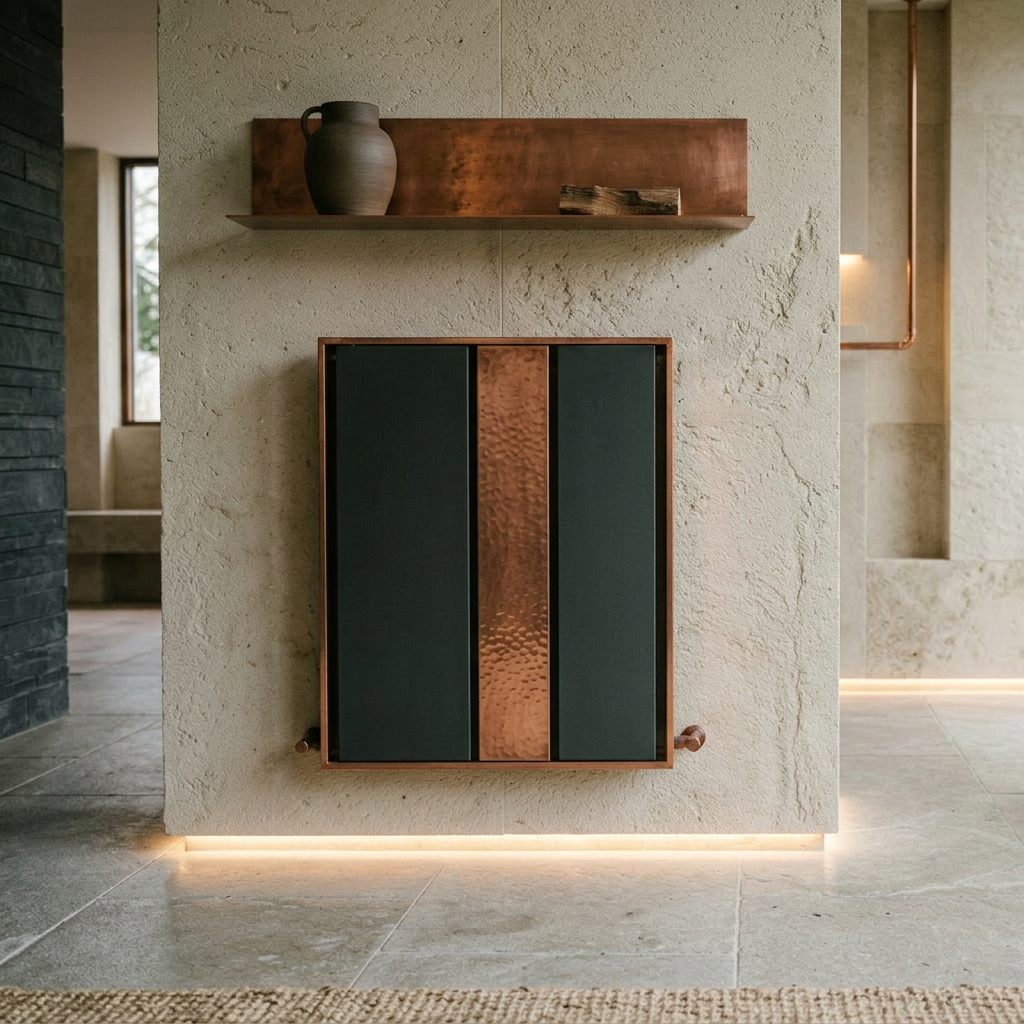 Modern cabinetry with a black front and a copper strip in the middle, mounted on a textured beige wall with under-lighting at the base.