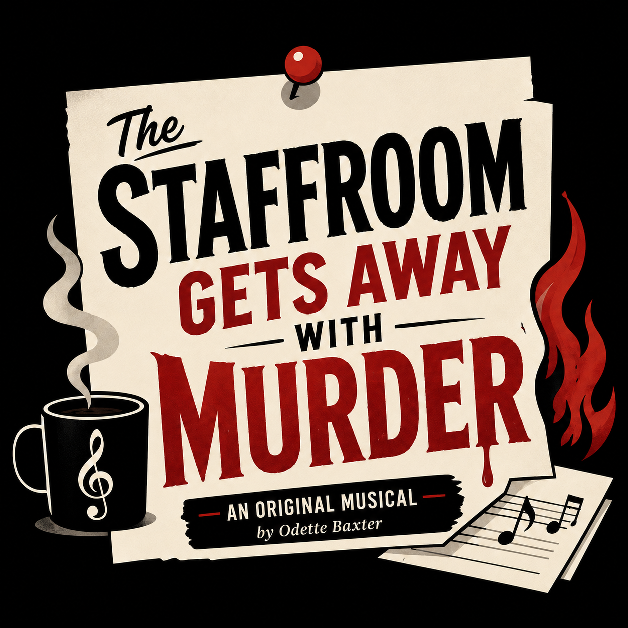 Image contains the name of the musical, "The Staffroom Gets Away With Murder" by Odette Baxter. There is a mug with a treble clef, some flames and sheet music.