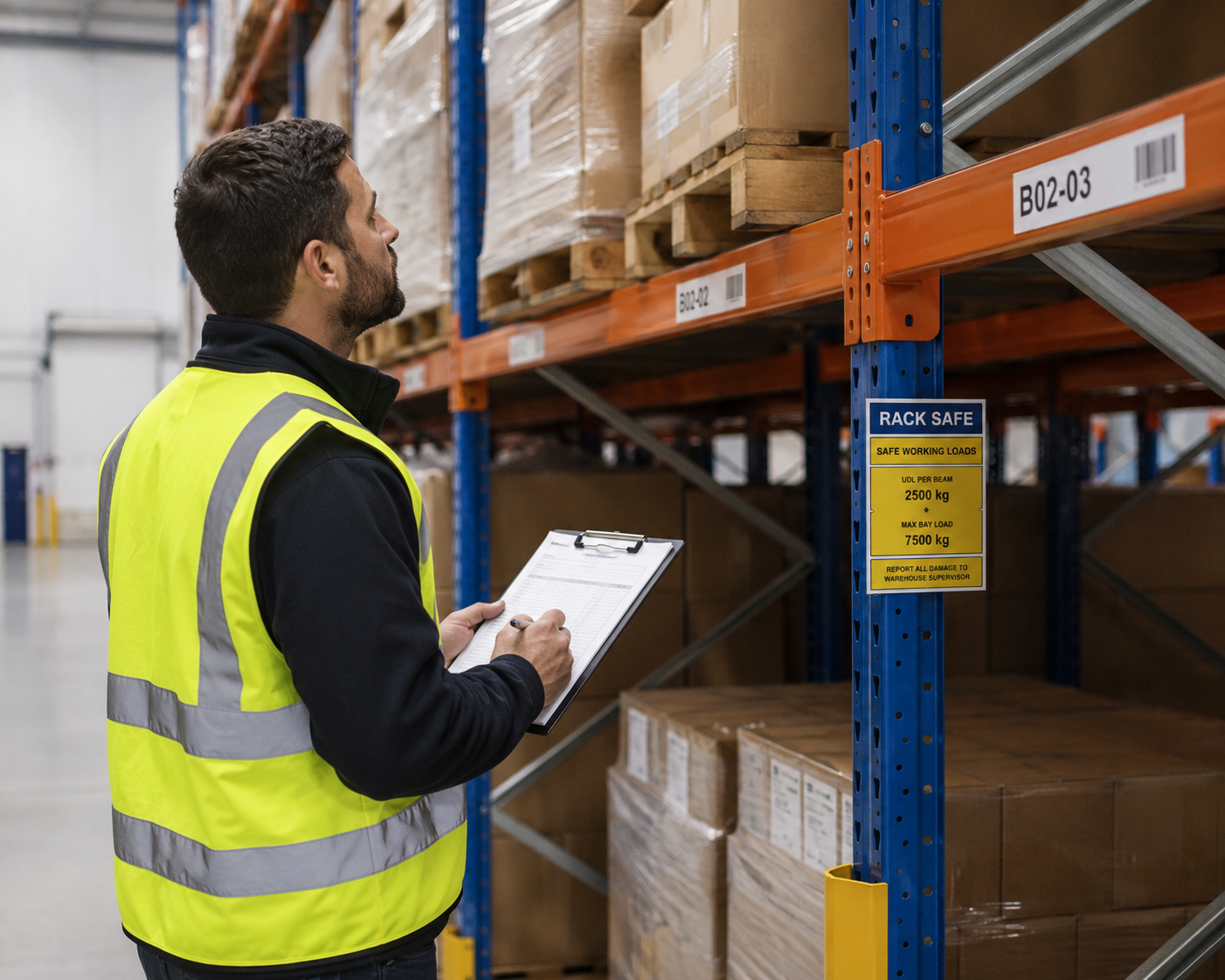 A man wearing a high-visibility safety vest holding a clipboard and pen, inspecting warehouse shelves with boxes and pallets.
