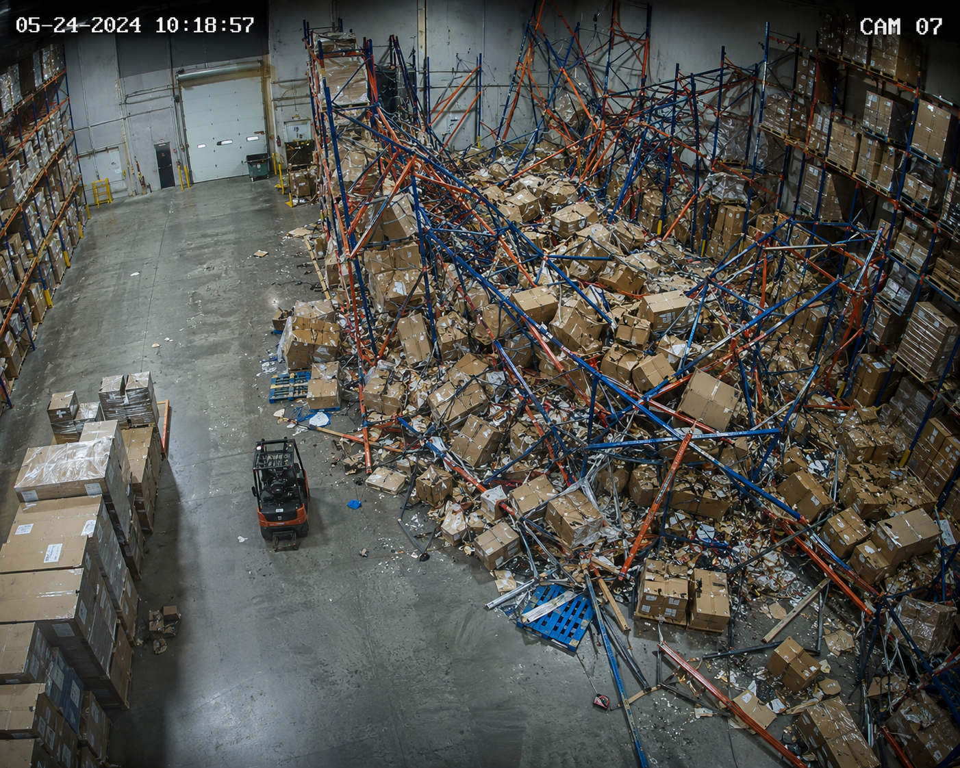 Warehouse with collapsed storage racks and scattered boxes, some damaged, and debris on the floor, captured by a security camera.