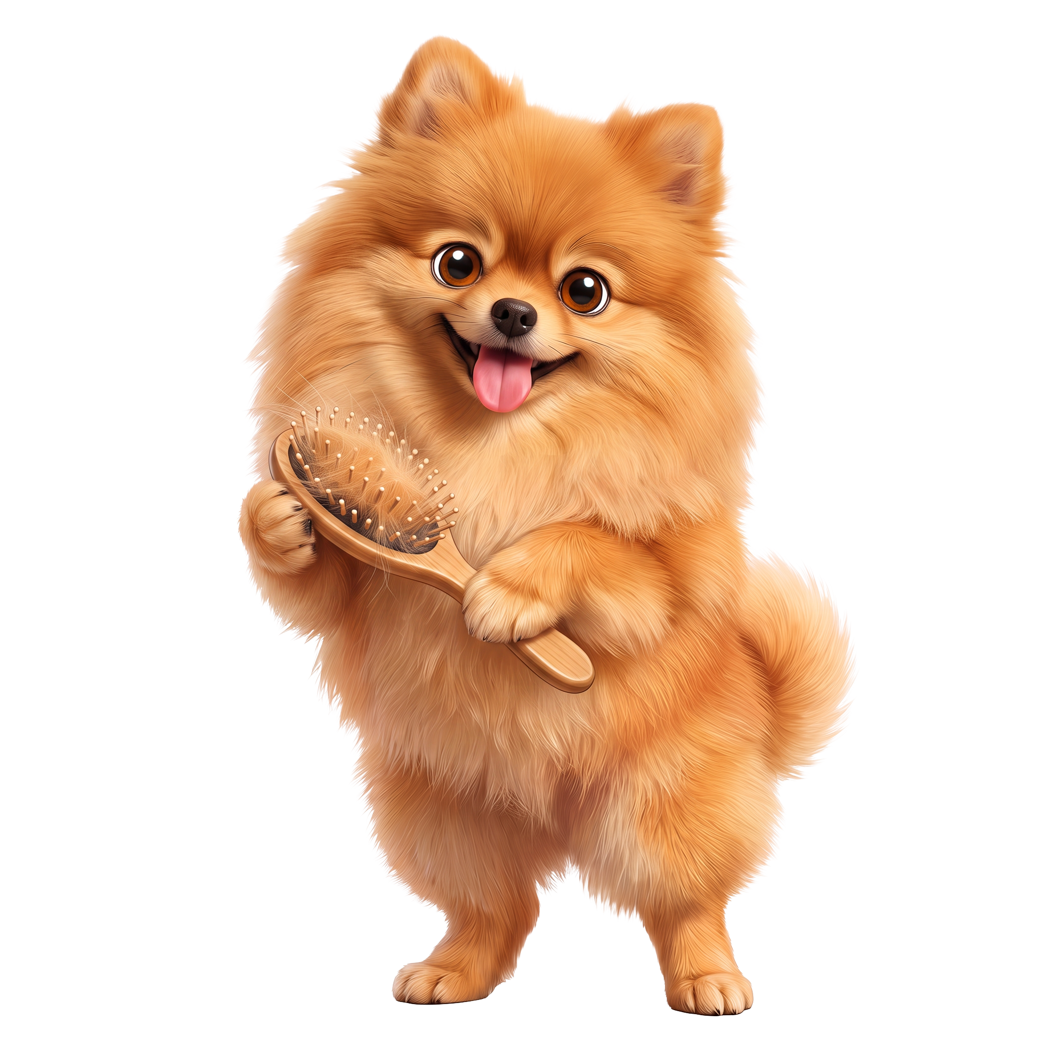 Ein niedlicher, brauner, langhaariger Hund mit großen, glänzenden Augen und herausgestreckter Zunge, der einen Bürstenkamm hält.