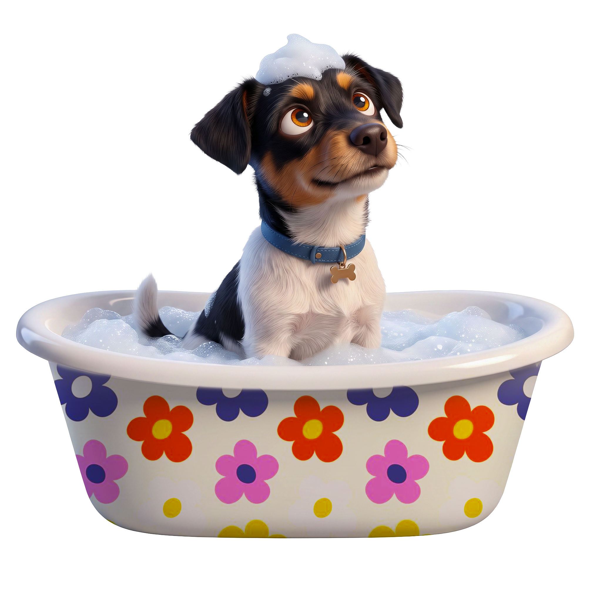 Ein niedlicher, cartoonartiger Hund mit braunen Augen, schwarz-weißer Fellzeichnung, trägt ein blauen Halsband mit einem Hundeknochenanhänger, sitzt in einer großen bunten Blumenschüssel mit Seife und Schaum auf dem Kopf in einer Waschstellung.