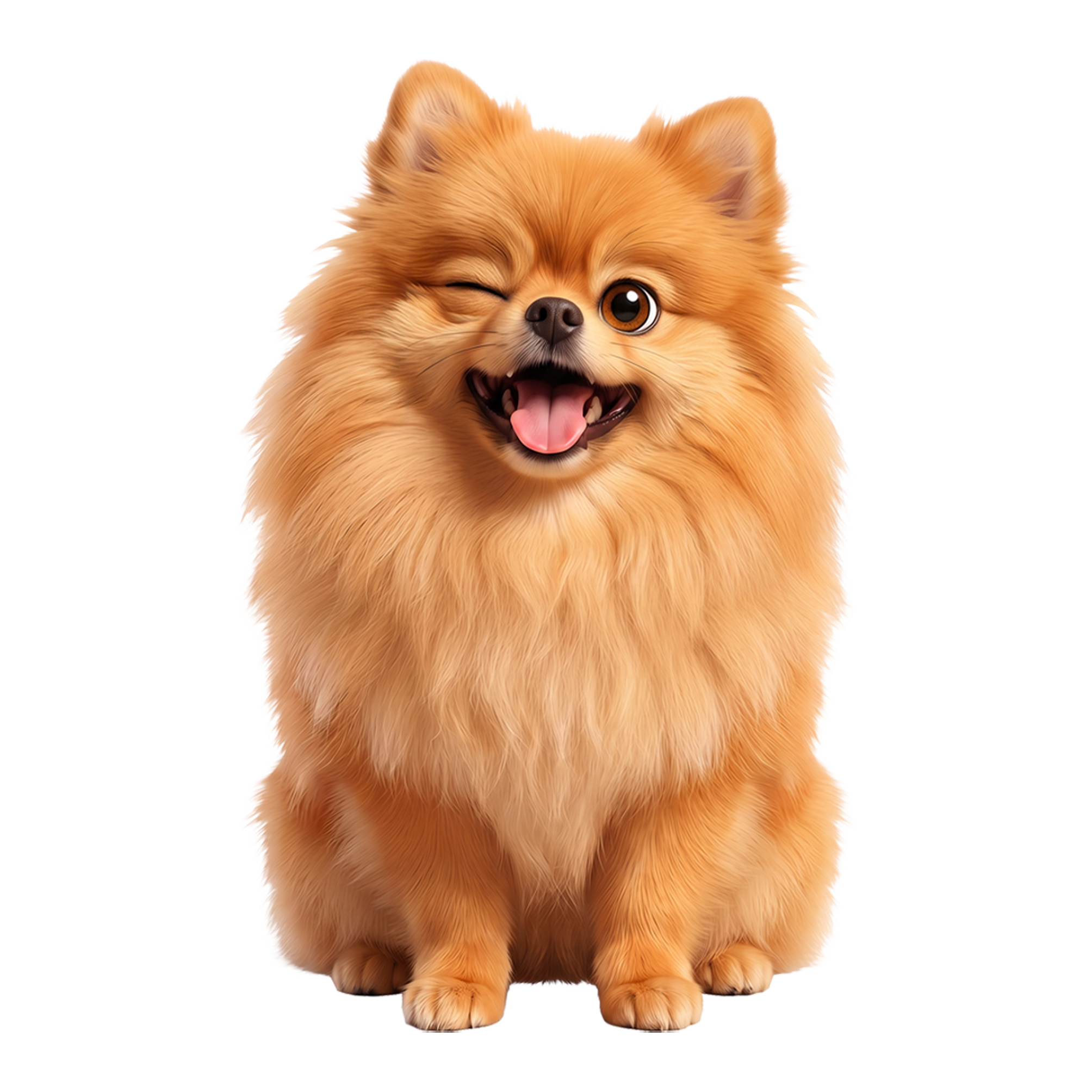 Ein niedlicher, brauner Pomeranian Hund, der eine Zunge herausstreckt und eine Zuneigung zeigt.