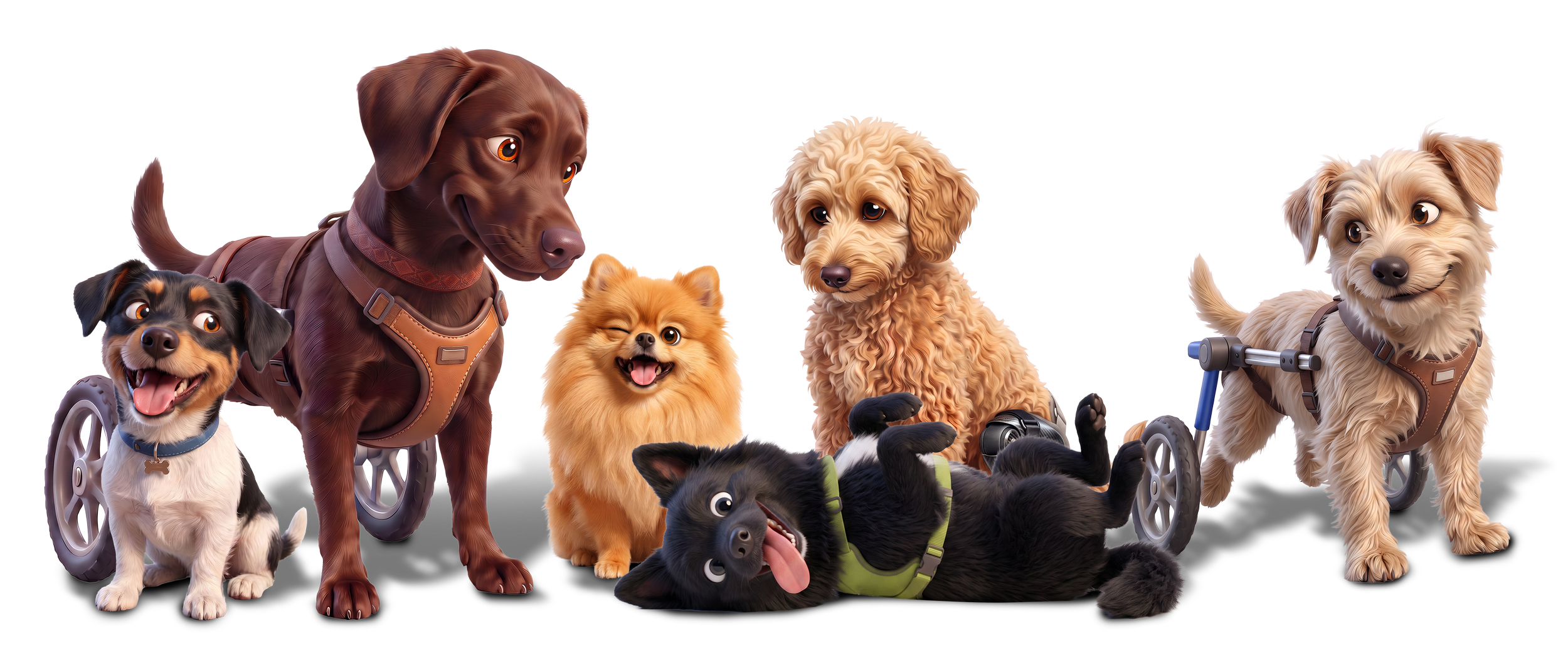 Sieben verschiedene Hunde, einige mit Rollstuhl oder Prothese, posieren gemeinsam auf einem schwarzen Hintergrund.