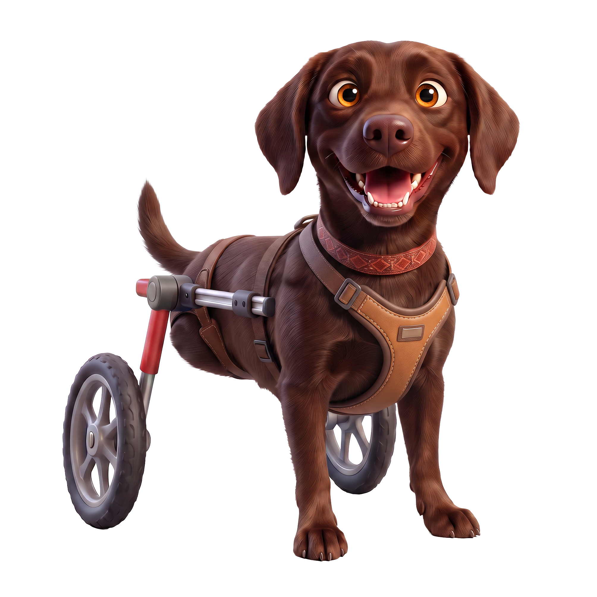Ein Hund mit braenem Fell sitzt in einem Rollstuhl, trägt ein Halsband mit einem Muster und hat eine Maschine auf seinem Rücken.